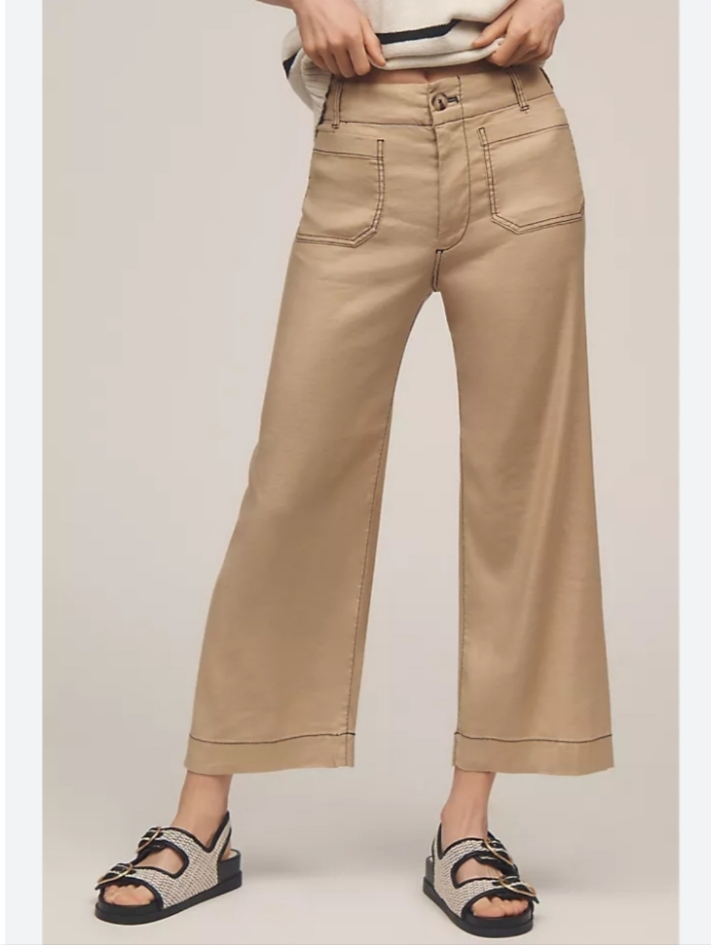 Anthropologie Maeve The Colette Contrast - Stitch Linen Wide-Leg Crop Pants Size